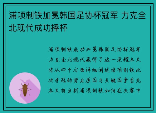 浦项制铁加冕韩国足协杯冠军 力克全北现代成功捧杯